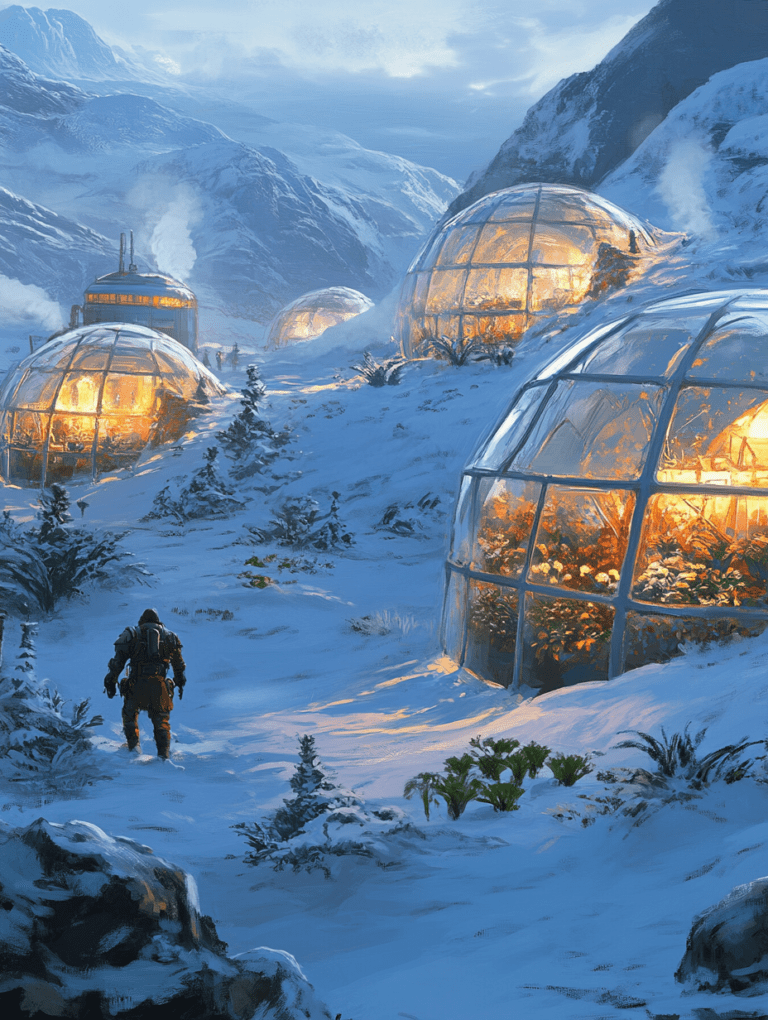 Luminous Geodesic Greenhouses Amidst Snowy Mountain Landscape with Figure Walking Through Winter Wonderland SolarPunk Digital Painting 18 X 24 Inch MineeForm Wall Art Poster