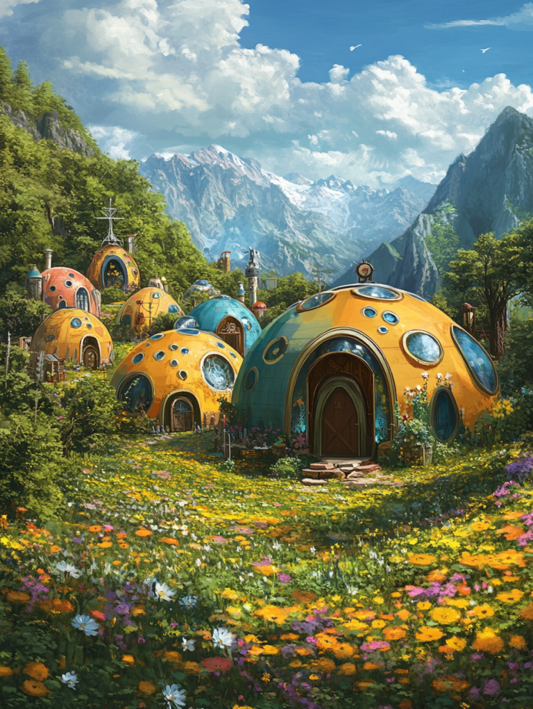 Colorful Dome-Shaped Eco Homes Surrounded by Vibrant Wildflower Meadow in Scenic Mountain Valley Under Blue Sky with Fluffy Clouds SolarPunk Digital Painting 18 X 24 Inch MineeForm Wall Art Poster