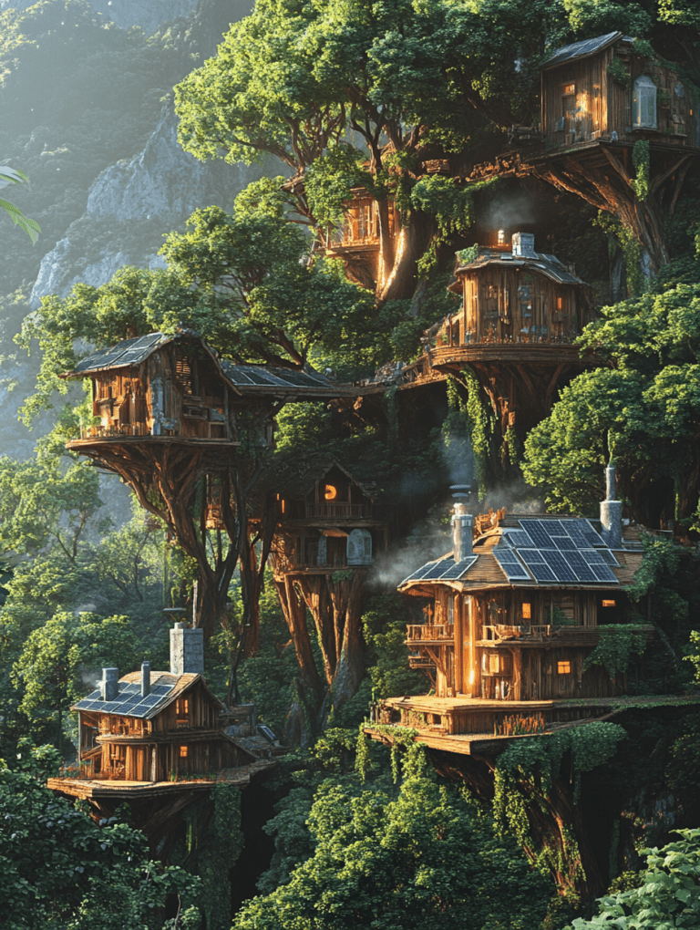 Sunlit Treehouse Village in a Verdant Forest with Rustic Wooden Cabins and Sustainable Design Elements Featuring Solar Panels and Cozy Chimneys Nestled Amongst Lush Green Foliage and Majestic Mountain Backdrop SolarPunk Digital Painting 18 X 24 Inch MineeForm Wall Art Poster