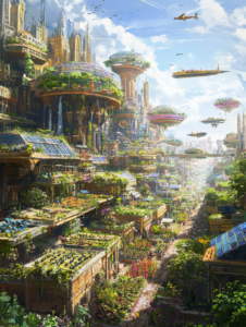 Futuristic City Alive with Verdant Rooftop Gardens and Lush Vertical Farms Blending Into the Urban Architecture with Floating Platforms and Majestic Towers Under a Clear Blue Sky SolarPunk Digital Painting 18 X 24 Inch MineeForm Wall Art Poster