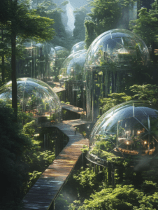 Glowing Glass Domes Nestled Among Lush Greenery of a Forest Canopy Illuminated Pathways Leading to Sustainable Treehouse Living in a Tranquil Nature Oasis SolarPunk Digital Painting 18 X 24 Inch MineeForm Wall Art Poster