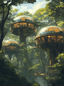 Futuristic Treehouses with Solar Panels Nestled in Lush Green Forest Surrounded by Vibrant Foliage and Sunlit Canopy SolarPunk Digital Painting 18 X 24 Inch MineeForm Wall Art Poster