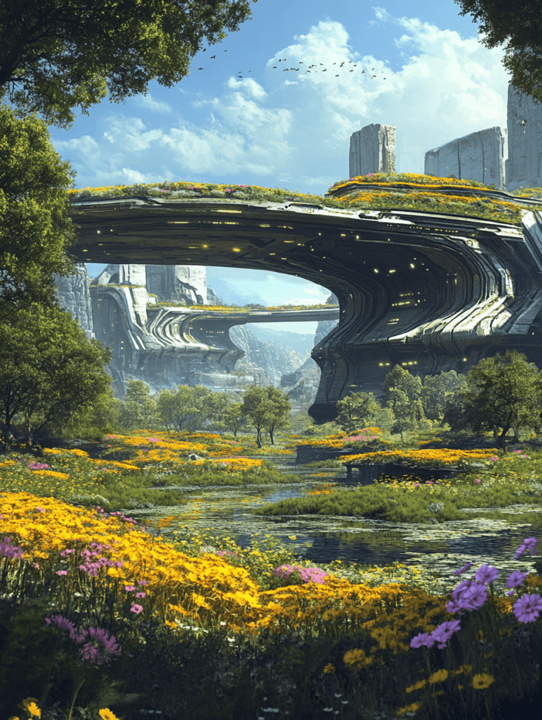 Lush Meadow with Colorful Wildflowers Under Futuristic Sky Bridges in a Verdant Valley SolarPunk Digital Painting 18 X 24 Inch MineeForm Wall Art Poster