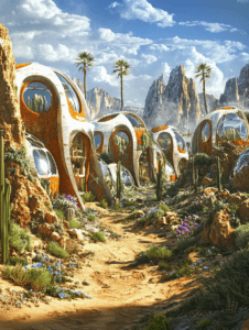 Futuristic Desert Oasis with Dome-Shaped Homes and Lush Greenery Amidst Rocky Mountain Scenery SolarPunk Digital Painting 18 X 24 Inch MineeForm Wall Art Poster