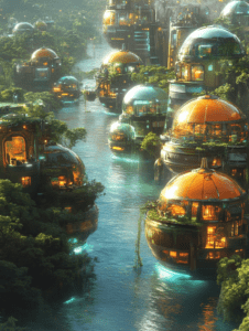 Floating Eco-Domes Amidst Verdant Forest Canopy Along Tranquil River in Futuristic Solarpunk Cityscape SolarPunk Digital Painting 18 X 24 Inch MineeForm Wall Art Poster