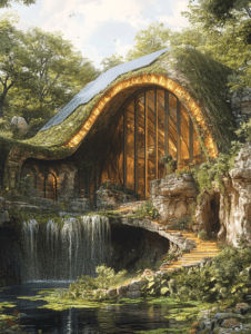 Enchanted Forest Retreat with Solar Roof and Waterfall Overlooking Lily Pond SolarPunk Digital Painting 18 X 24 Inch MineeForm Wall Art Poster