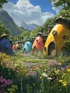 Colorful Dome-Shaped Houses in Blooming Meadow with Majestic Mountain Backdrop and Clear Blue Sky SolarPunk Digital Painting 18 X 24 Inch MineeForm Wall Art Poster