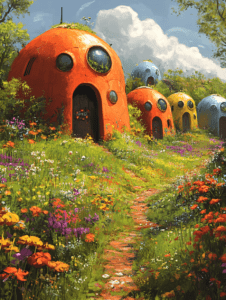 Colorful Dome Homes Nestled in a Lush Meadow Abloom with Wildflowers Under a Vast Cloud-Studded Sky SolarPunk Digital Painting 18 X 24 Inch MineeForm Wall Art Poster