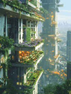 Lush Vertical Gardens Adorn Futuristic Skyscrapers Overlooking a Vibrant Metropolis Illuminated by Golden Sunset SolarPunk Digital Painting 18 X 24 Inch MineeForm Wall Art Poster