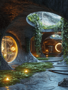 Underground Eco Shelter with Mossy Paths and Illuminated Circular Windows in a Futuristic Urban Forest Retreat SolarPunk Digital Painting 18 X 24 Inch MineeForm Wall Art Poster