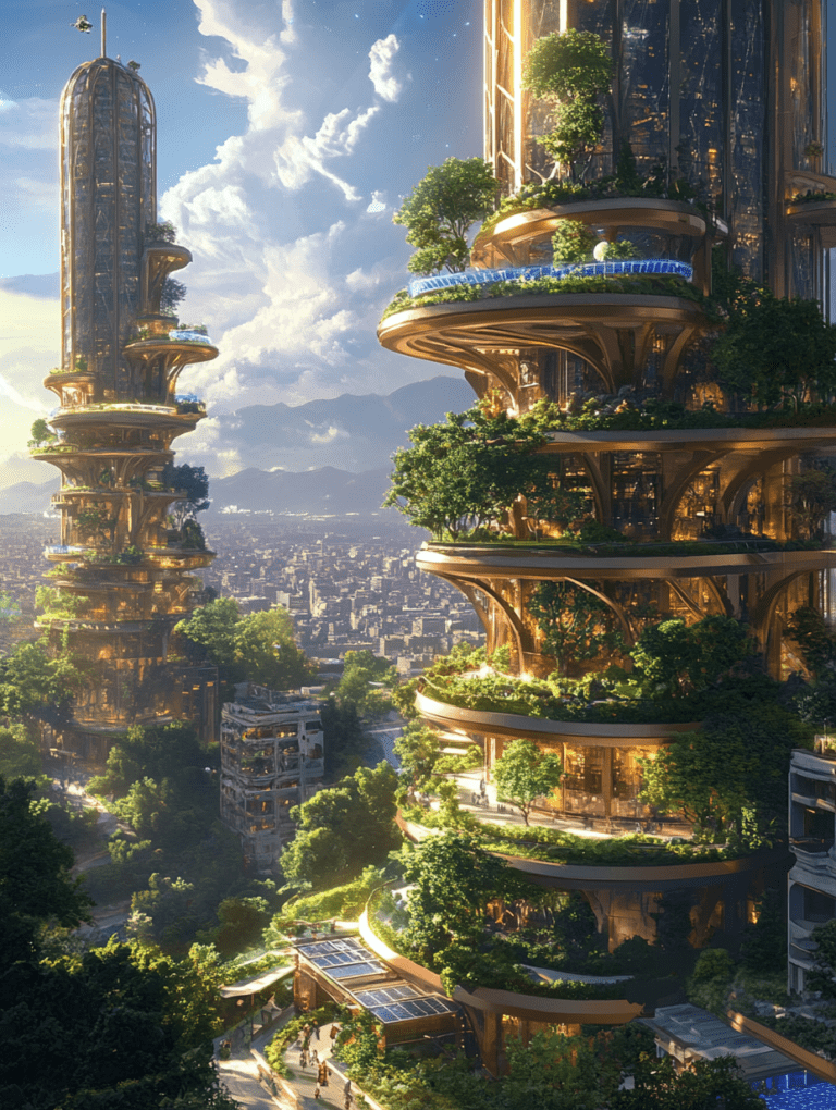 Sun-Drenched Eco-Friendly Vertical Gardens and Futuristic Skyscrapers Merging with Nature in a Vibrant Urban Paradise Under a Majestic Cloudy Sky SolarPunk Digital Painting 18 X 24 Inch MineeForm Wall Art Poster