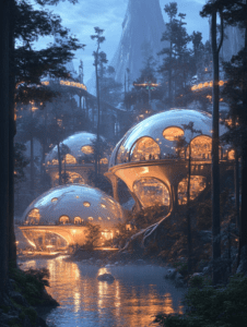 Futuristic Treehouse Community with Glowing Domes Nestled in a Tranquil Forest by a Reflective River at Dusk SolarPunk Digital Painting 18 X 24 Inch MineeForm Wall Art Poster