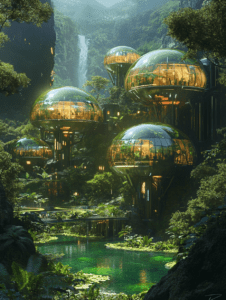 Futuristic Spherical Greenhouses Amidst Lush Jungle and Waterfall with Cascading Verdant Landscape and Tranquil Reflective Pond SolarPunk Digital Painting 18 X 24 Inch MineeForm Wall Art Poster