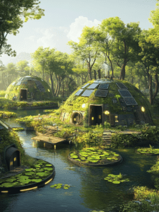 Futuristic Eco Domes with Solar Panels Amidst Lush Forest and Serene Waterways with Floating Lily Pads and Wooden Pathways SolarPunk Digital Painting 18 X 24 Inch MineeForm Wall Art Poster