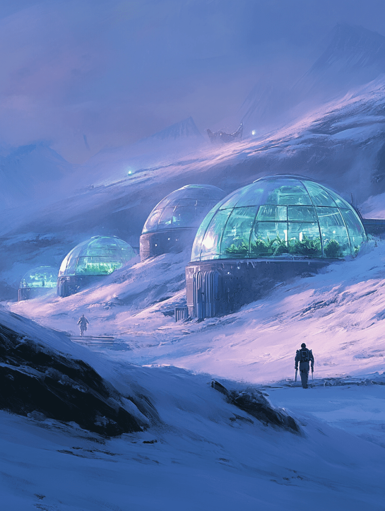 Futuristic Snowy Landscape with Illuminated Geodesic Greenhouses Under a Twilit Sky SolarPunk Digital Painting 18 X 24 Inch MineeForm Wall Art Poster