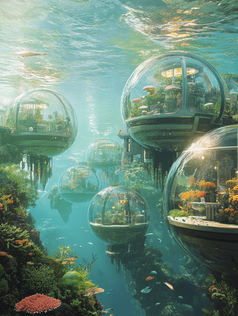 Crystal Domes of the Future Nestled in a Vibrant Underwater Paradise with Lush Vegetation and Sunlit Gardens Amidst Schools of Colorful Fish SolarPunk Digital Painting 18 X 24 Inch MineeForm Wall Art Poster