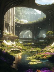 Lush Verdant Oasis with Majestic Arched Architecture and Flowing Waterways in a Futuristic Harmonious Landscape SolarPunk Digital Painting 18 X 24 Inch MineeForm Wall Art Poster