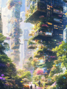 Lush Vertical Gardens and Towering Skyscrapers in a Vibrant Urban Oasis Bathed in Soft Sunlight with People Strolling Through a Verdant Pathway SolarPunk Digital Painting 18 X 24 Inch MineeForm Wall Art Poster