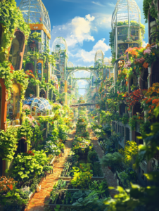 Verdant Urban Utopia with Towering Glass Biodomes and Lush Hanging Gardens Under a Clear Blue Sky SolarPunk Digital Painting 18 X 24 Inch MineeForm Wall Art Poster