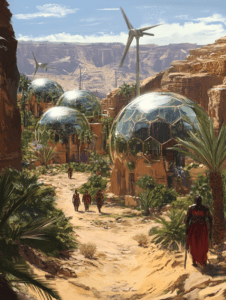 Futuristic Desert Oasis Community with Geodesic Domes and Wind Turbines Nestled Amidst Sandstone Canyon Cliffs and Lush Vegetation SolarPunk Digital Painting 18 X 24 Inch MineeForm Wall Art Poster