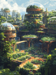 Futuristic Cityscape with Verdant Sky Gardens and Transparent Domed Structures amidst Lush Greenery and Solar Panels in Bright Sunlight SolarPunk Digital Painting 18 X 24 Inch MineeForm Wall Art Poster