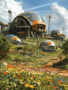 Futuristic Eco-Community With Solar Domes and Wind Turbines Amidst a Blossoming Meadow Under a Blue Sky SolarPunk Digital Painting 18 X 24 Inch MineeForm Wall Art Poster