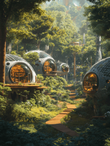 Futuristic Dome Homes Nestled Amidst Lush Greenery and Sunlit Forests with Wooden Pathways and Ecological Harmony SolarPunk Digital Painting 18 X 24 Inch MineeForm Wall Art Poster