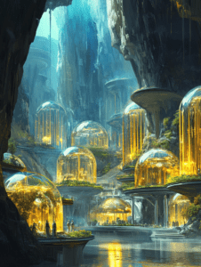 Luminous Domes and Verdant Terraces Amidst Majestic Cliffs with Sunlit Reflections Casting a Warm Glow on Tranquil Waters in a Futuristic Cavernous Haven SolarPunk Digital Painting 18 X 24 Inch MineeForm Wall Art Poster