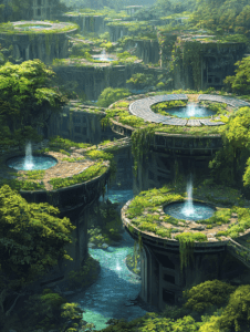 Verdant Circular Terraces with Water Features and Lush Greenery Overlooking a Serene Blue Stream in a Futuristic Eco-Cityscape SolarPunk Digital Painting 18 X 24 Inch MineeForm Wall Art Poster