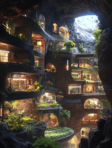 Lush Underground Sanctuary with Cascading Gardens and Sunlit Eco-Friendly Apartments SolarPunk Digital Painting 18 X 24 Inch MineeForm Wall Art Poster