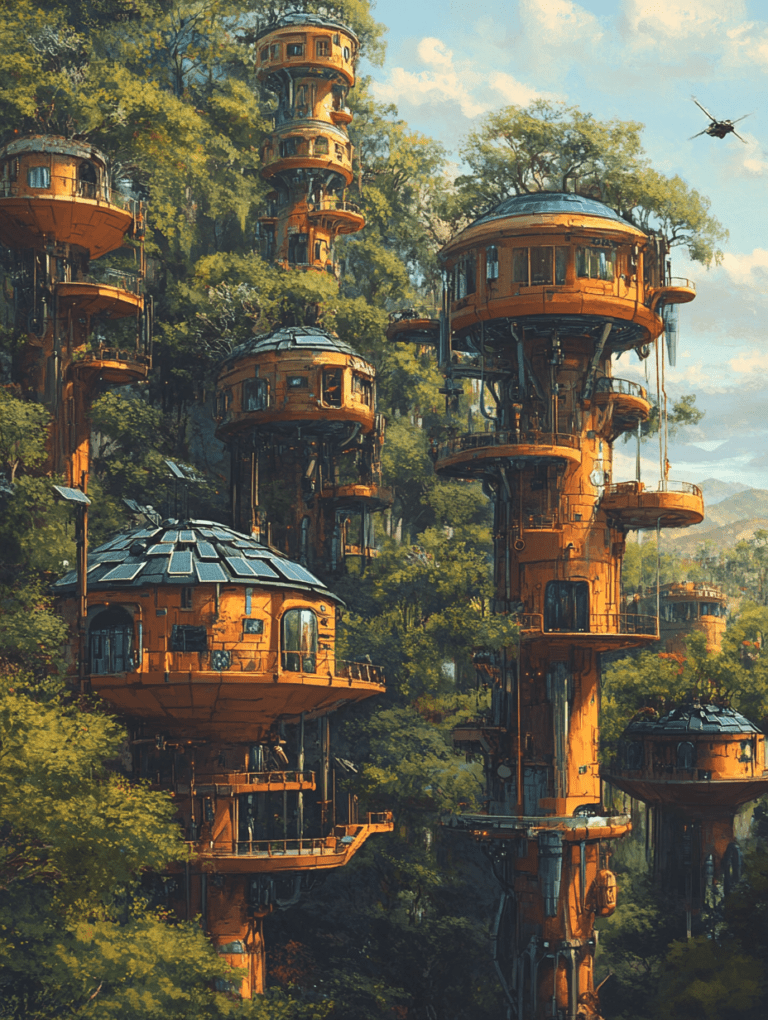 Futuristic Treehouse Community with Solar-Powered Structures Nestled in Lush Green Forest Canopy Under a Clear Blue Sky SolarPunk Digital Painting 18 X 24 Inch MineeForm Wall Art Poster