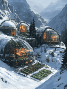 Futuristic Dome-Shaped Greenhouses Nestled in a Snowy Mountain Landscape with Lush Gardens and Warm Interior Glows SolarPunk Digital Painting 18 X 24 Inch MineeForm Wall Art Poster