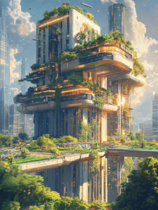 Towering Green Oasis Amid Skyscrapers with Lush Rooftop Gardens and Vines in a Futuristic City Skyline Under a Cloud Dappled Sky SolarPunk Digital Painting 18 X 24 Inch MineeForm Wall Art Poster