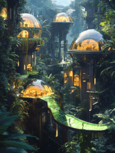 Futuristic Jungle Cityscape with Glowing Dome Structures and Lush Vegetation Connected by Transparent Walkways SolarPunk Digital Painting 18 X 24 Inch MineeForm Wall Art Poster