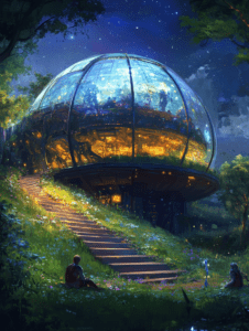 Luminous Glass Dome Amidst Vibrant Forests Under a Starry Night Sky with People Relaxing on Flowered Hillside Near Illuminated Path and Futuristic Structure SolarPunk Digital Painting 18 X 24 Inch MineeForm Wall Art Poster