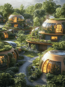 Sunlit Eco-Village with Dome Shaped Glass Homes Nestled in Lush Greenery and Mountainous Landscape SolarPunk Digital Painting 18 X 24 Inch MineeForm Wall Art Poster