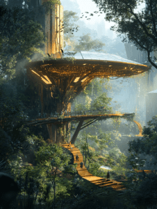 Majestic Treehouse City in Lush Forest with Suspended Pathways and Glowing Lights Among Verdant Foliage and Sunlit Canopy SolarPunk Digital Painting 18 X 24 Inch MineeForm Wall Art Poster