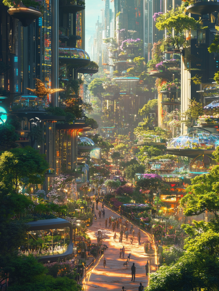 Lush Vertical Cityscape of a Vibrant Solarpunk Metropolis with Towering Skyscrapers Adorned with Verdant Gardens and Flowering Foliage Accompanying a Bustling Pathway of People amidst the Soft Glow of Futuristic Architecture and Playful Sunlight SolarPunk Digital Painting 18 X 24 Inch MineeForm Wall Art Poster