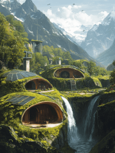 Eco-Friendly Hobbit Homes Nestled Amongst Verdant Hills and Pristine Waterfalls with Majestic Snow-Capped Mountain Peaks in the Background SolarPunk Digital Painting 18 X 24 Inch MineeForm Wall Art Poster