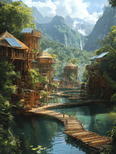 Tranquil Mountain Village with Eco-Friendly Bamboo Huts and Solar Panels Overlooking a Serene River with a Winding Wooden Bridge in a Lush Green Valley Surrounded by Majestic Peaks and Cascading Waterfall SolarPunk Digital Painting 18 X 24 Inch MineeForm Wall Art Poster