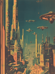 Vibrant Urban Dreamscape with Towering Skyscrapers and Hovering Flying Saucers in a Futuristic Skyline Synthwave Retrofuturism Retro Poster 18 x 24 Inch MineeForm Wall Art Poster