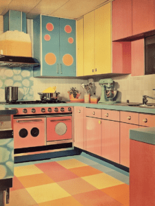 Vibrant Retro Kitchen with Pastel Cabinets and Bold Geometric Patterns Synthwave Retrofuturism Retro Poster 18 x 24 Inch MineeForm Wall Art Poster