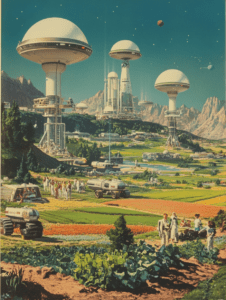 Futuristic Agrarian Landscape with Towering Domed Structures and Technological Farming Vehicles in a Vibrant Green Valley Under a Starry Sky with Distant Rocky Mountains Synthwave Retrofuturism Retro Poster 18 x 24 Inch MineeForm Wall Art Poster