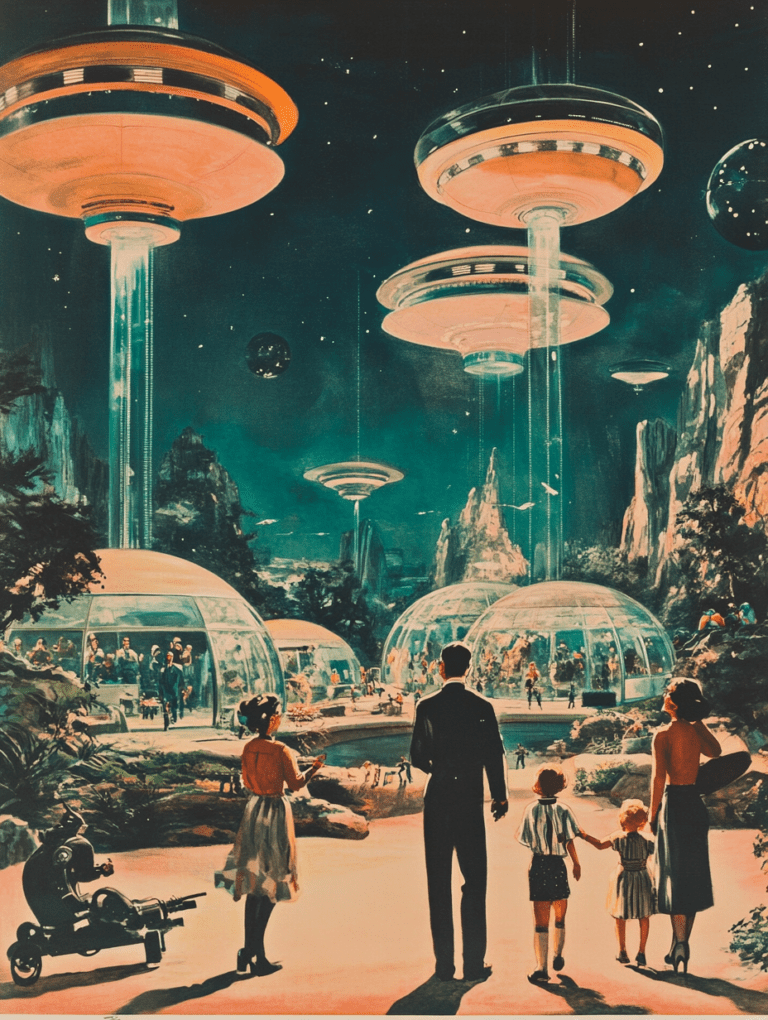 Family Stroll Through a Futuristic Domed Cityscape Under a Starlit Sky with Floating Saucer-Like Structures and Lush Greenery Synthwave Retrofuturism Retro Poster 18 x 24 Inch MineeForm Wall Art Poster