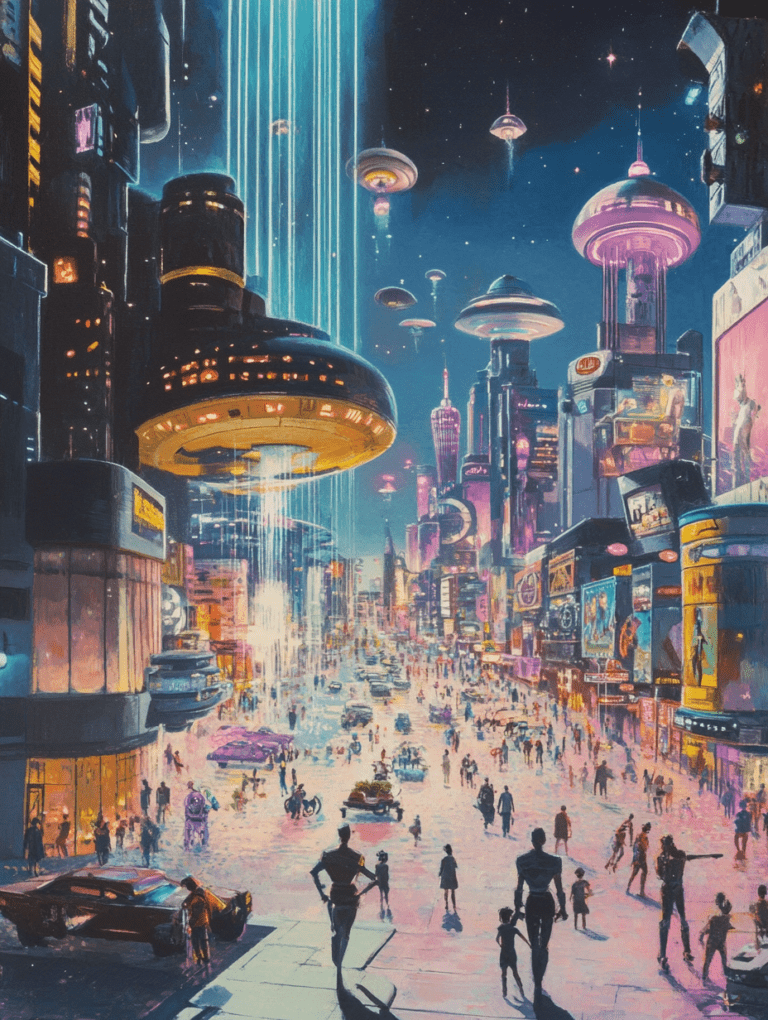 Vibrant Neon Cityscape with Futuristic Skyscrapers and Hovering Vehicles Under a Starry Night Sky Synthwave Retrofuturism Retro Poster 18 x 24 Inch MineeForm Wall Art Poster