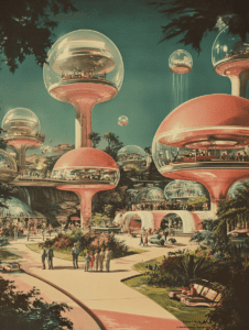 Futuristic Space Age City with Dome Buildings and Elevated Walkways in a Lush Green Landscape Synthwave Retrofuturism Retro Poster 18 x 24 Inch MineeForm Wall Art Poster