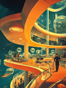 Futuristic Underwater Resort with Observation Decks and Floating Spheres Beneath a Starry Oceanic Sky Synthwave Retrofuturism Retro Poster 18 x 24 Inch MineeForm Wall Art Poster