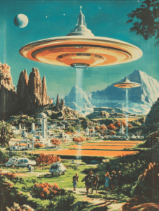 Mysterious Flying Saucers Hovering Over a Futuristic Landscape with Lush Greenery Towering Rocky Mountains and Fields of Vibrant Colors Under a Clear Blue Sky with Distant Planets Synthwave Retrofuturism Retro Poster 18 x 24 Inch MineeForm Wall Art Poster