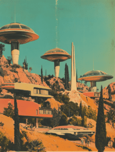 Futuristic Hillside Community with Suspended Disc Structures and Retro Vehicles Against a Vibrant Turquoise Sky Synthwave Retrofuturism Retro Poster 18 x 24 Inch MineeForm Wall Art Poster