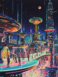 Vibrant Neon Cityscape with Skaters on Elevated Pathways Against a Starry Night Sky Synthwave Retrofuturism Retro Poster 18 x 24 Inch MineeForm Wall Art Poster